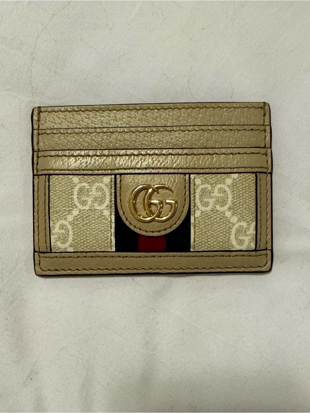 Gucci Beige GG Canvas Card Case with Gold Logo Mens Wallet ID